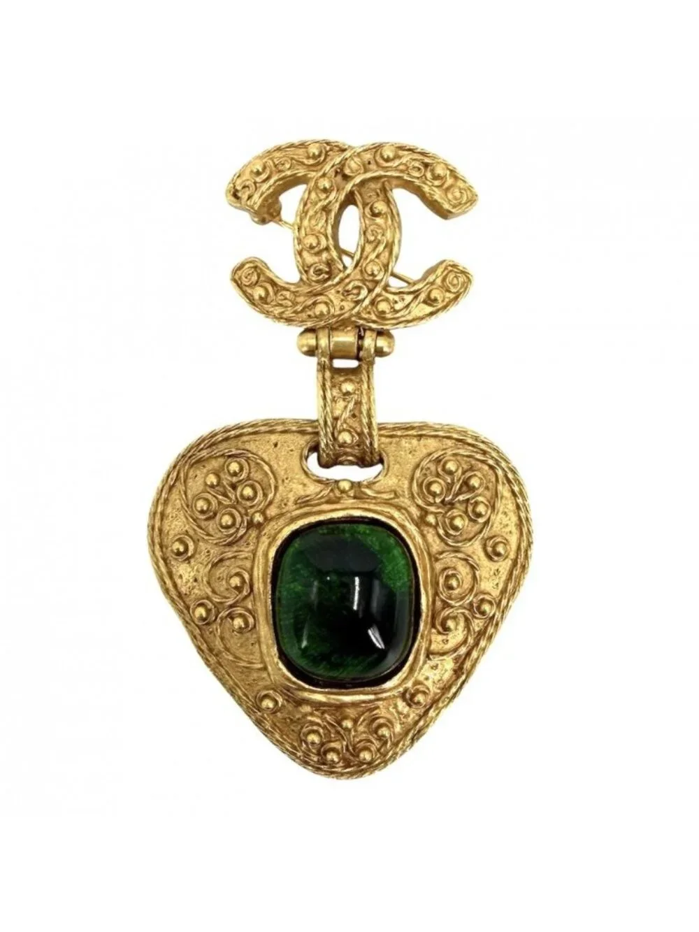 Chanel Brooch Quilted CC Logo Vintage Gripoix Color Stone Gold Green